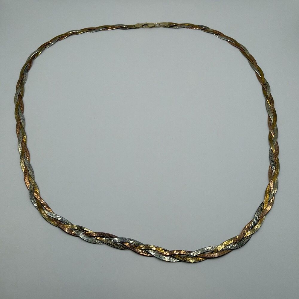 925 Sterling Silver Tri-Color Vermeil Braided Necklace 18" 9g